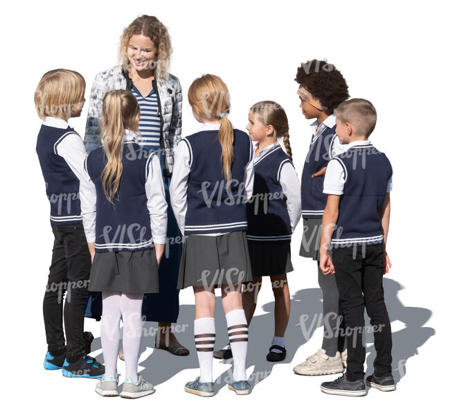 cut out group of school children talking to their teacher