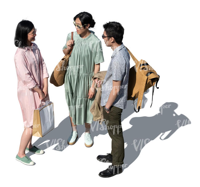 cut out group of three asian people standing and talking