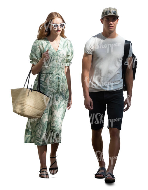 cut out man and woman in tree shade walking side by side