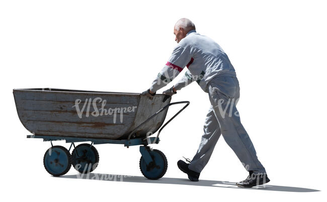 cut out older man pushing a large wheelbarrow