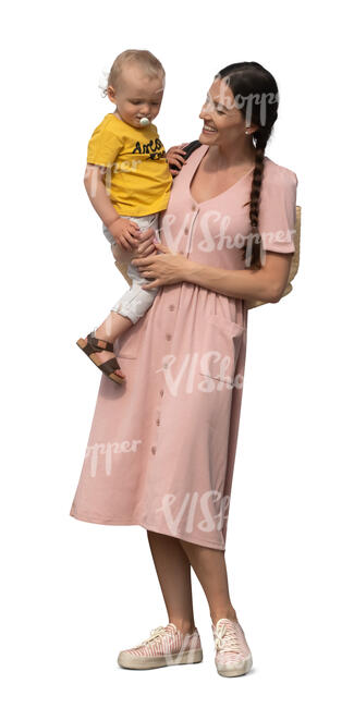 cut out woman in a pink dress standing and holding her baby boy