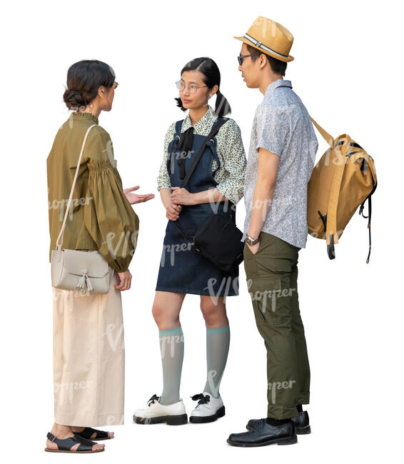 cut out group of three young people standing and talking