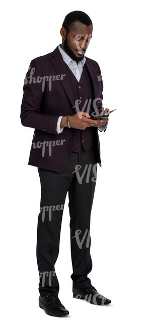cut out man in a formal suit standing and checking his phone