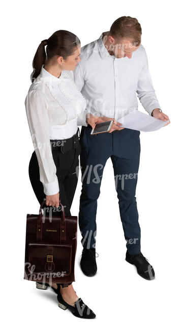 cut out two office workers standing seen from above