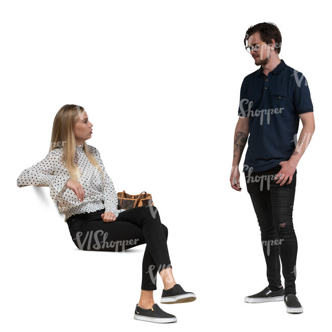 cut out man standing and talking to a woman sitting opposite him