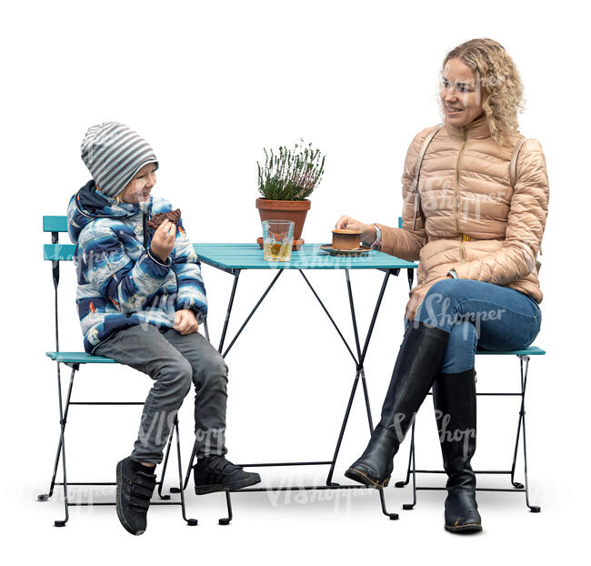 cut out mother and son sitting in a street cafe in a nice autumn weather