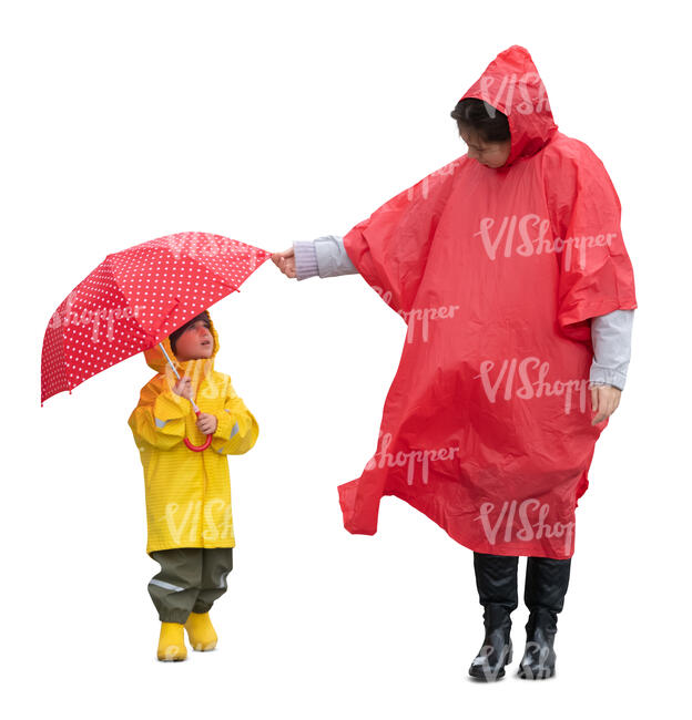 cut out woman and her little walking on a rainy day 