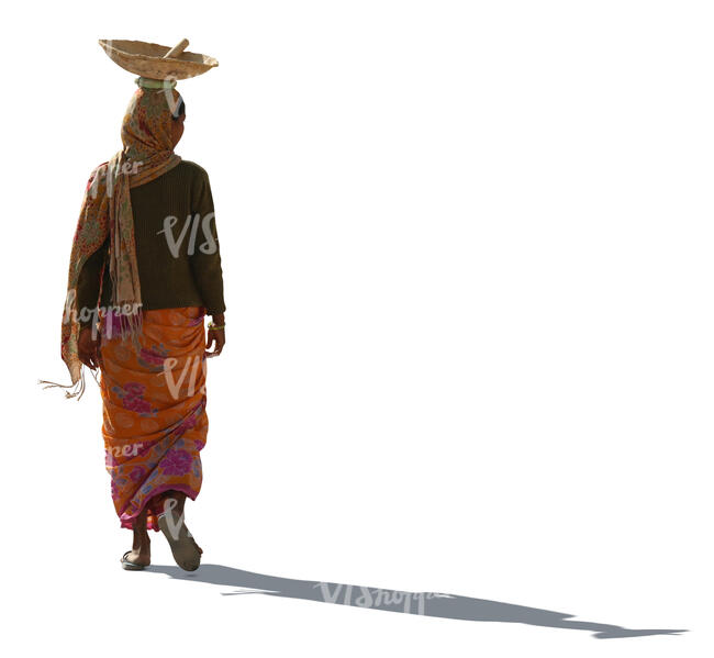 cut out indian woman walking with a bowl on her head