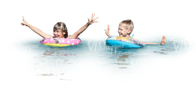 two cut out kids with swim rings playing in the water