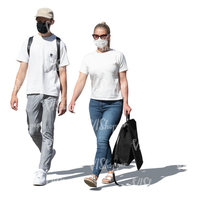 two cut out young people wearing face masks walking