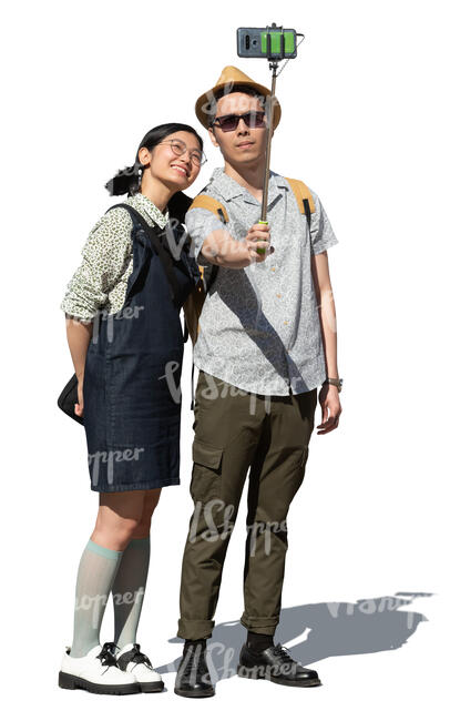 cut out young asian couple standing and taking a selfie