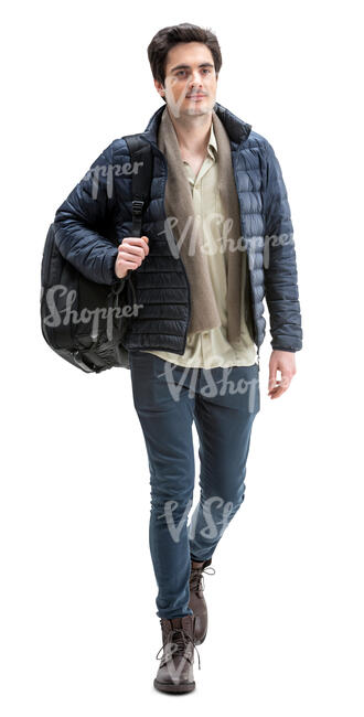 cut out man in a blue jacket walking