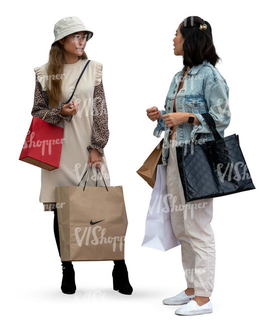 two cut out young asian women with shopping bags standing and talking