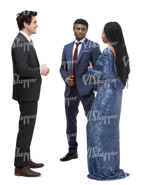 three cut out people at a party standing and talking