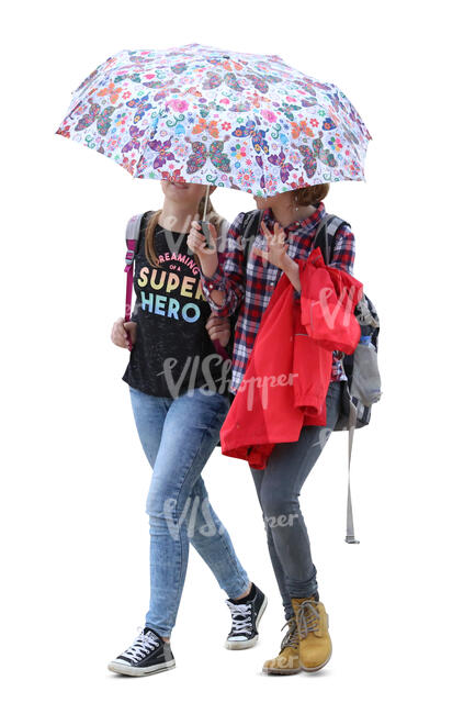 two cut out teenage girls with an umbrella walking and talking