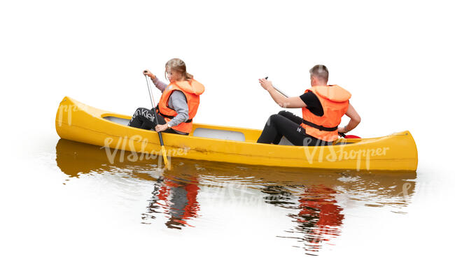 two cut out  people riding a kayak