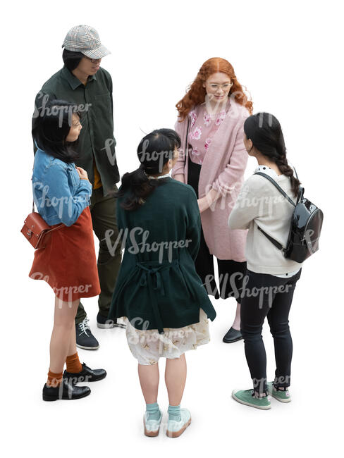 cut out group of five people standing and talking seen from above