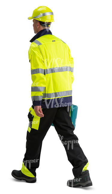 cut out worker carrying a toolbox walking