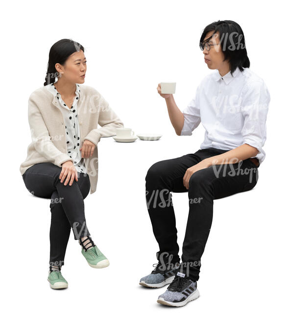 cut out asian man and woman sitting in a cafe and talking