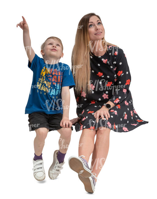 cut out mother and son sitting and looking up into the sky