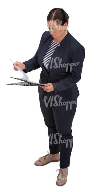 cut out woman standing and reading meeting notes seen from above