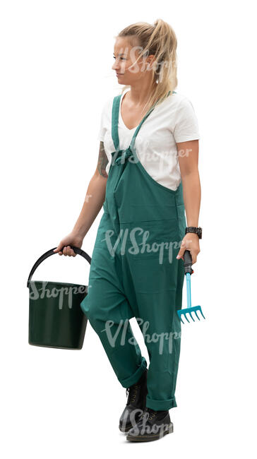 cut out gardener with a bucket and rake walking