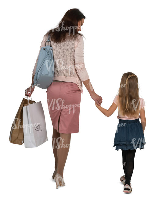 cut out mother and daughter walking hand in hand and carrying shopping bags