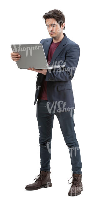 cut out man standing and holding a laptop