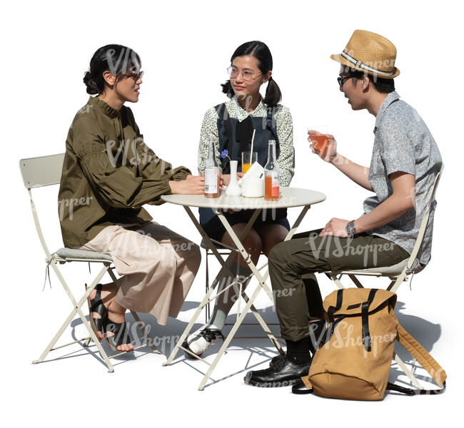 three cut out asian friends sitting in a cafe and talking
