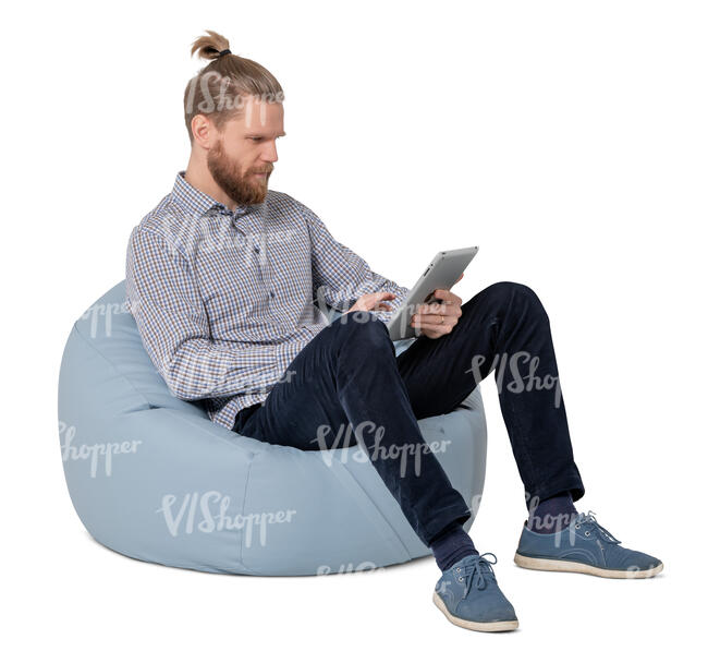 cut out man sitting in a bean bag chair and holding a tablet