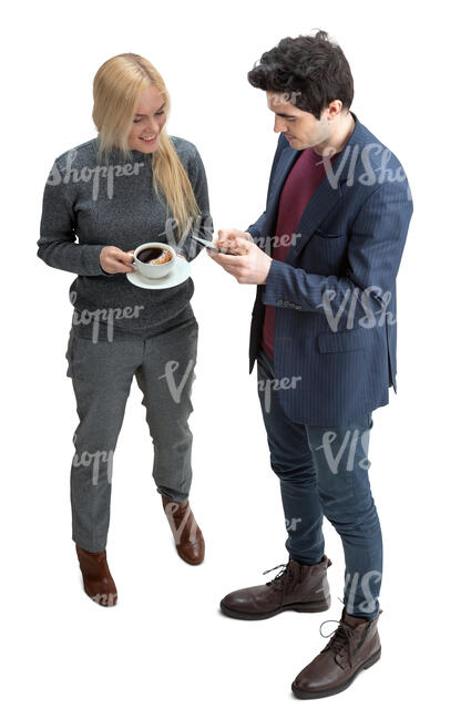 cut out man and woman casually talking seen from above