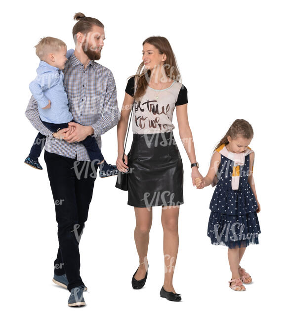 cut out family with two kids walking and talking
