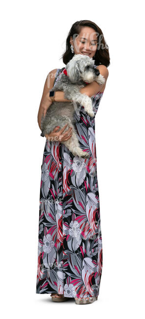 cut out woman standing and holding her dog in her lap