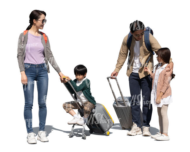 cut out family with two kids and travelling bags standing and talking