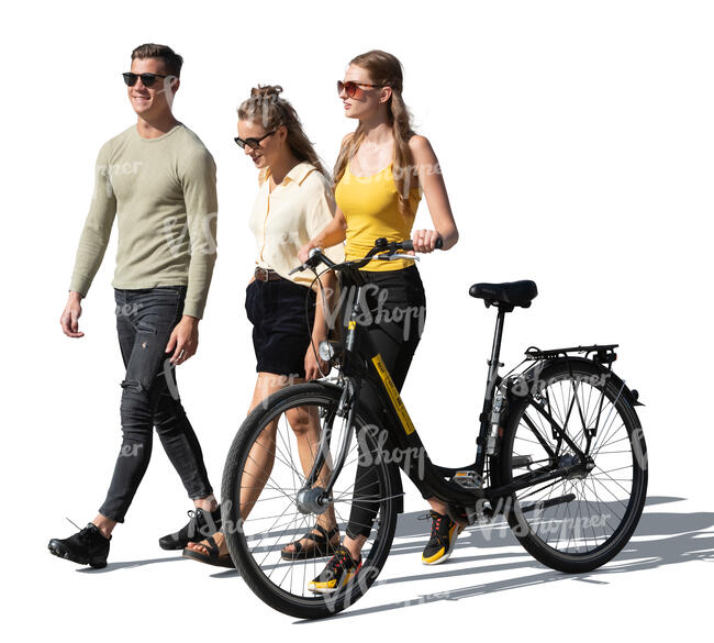 cut out woman with a bicycle walking with two friends