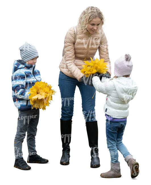 two cut out kids and their mother picking leaves in the park