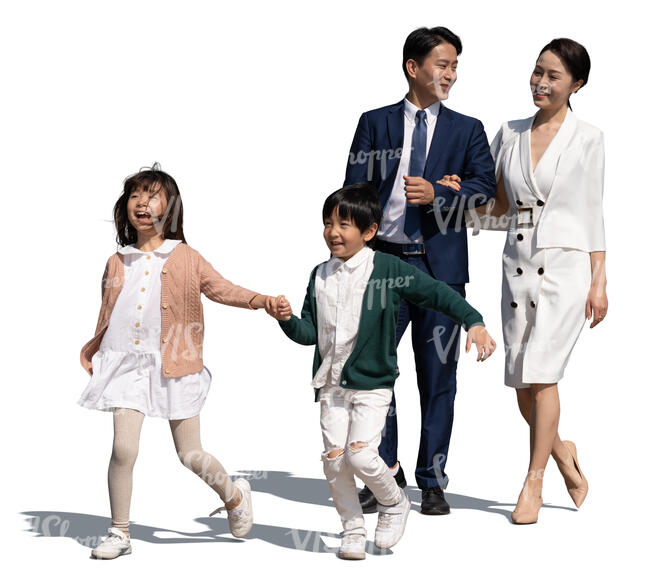 cut out asian family with two kids walking on a summer day