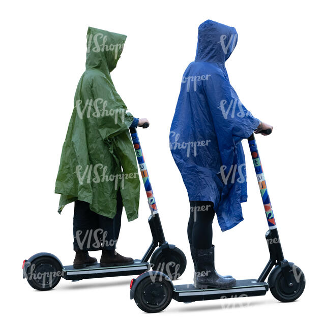 two cut out women wearing raincoats riding scooters
