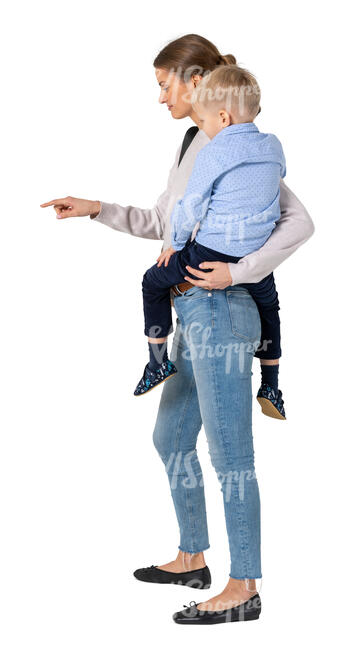 cut out woman with a small son standing by the touchscreen