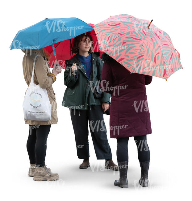 three cut out women with umrellas standing and talking