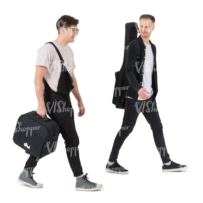 two cut out young men carrying musical instrument bags walking and talking