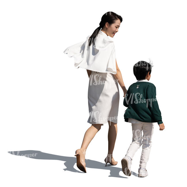 cut out chinese woman walking hand in hand with her son