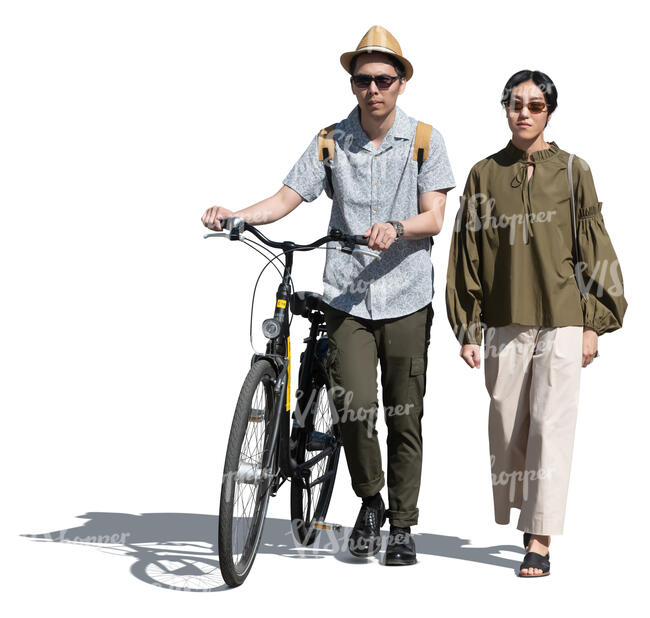 cut out man with a bicycle walking side by side with a woman