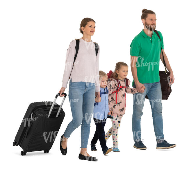 cut out family with many travel bags walking