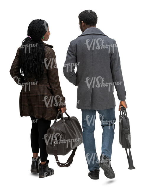 cut out man and woman carrying travel bags walking