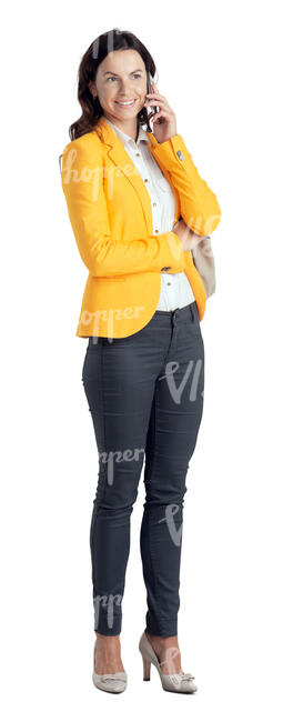 cut out woman standing and talking on a phone