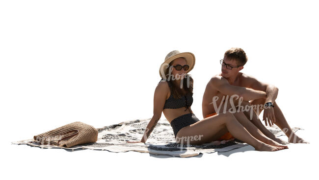 cut out man and woman sitting at the beach and talking