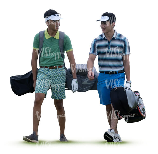 two cut out young men carrying golf gear walking and talking