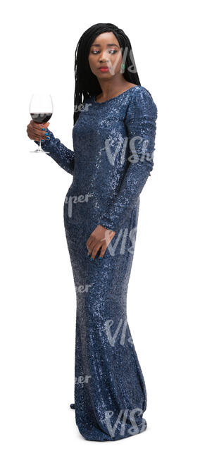 cut out woman in a blue evening gown standing and drinking wine 
