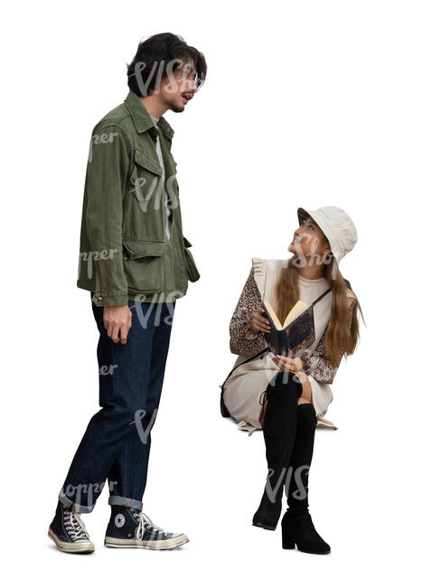 cut out woman sitting on a bench talking to a man standing beside her